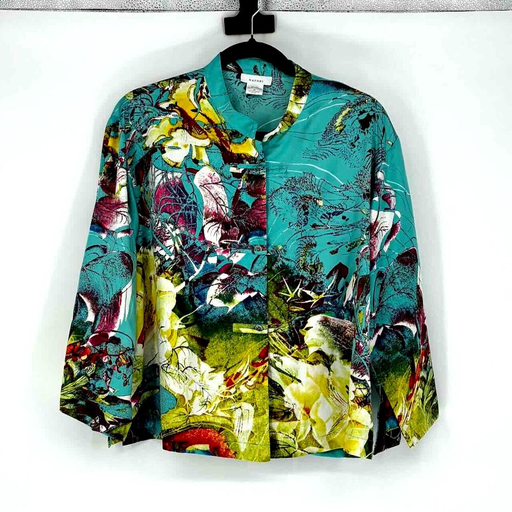 Natori Turquoise and Yellow Floral Mandarin Collar Satin Pajama Top - Size M